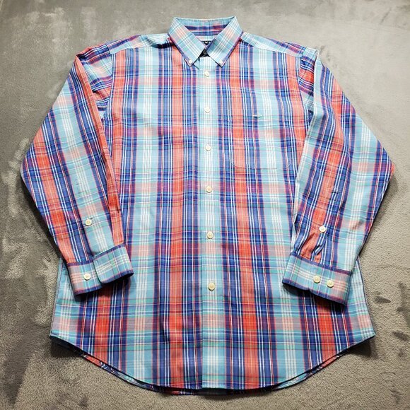 Orvis Button Down Dress Plaid Shirt Wrinkle Free Salmon Dark Blue White Men Sz M - Picture 1 of 10